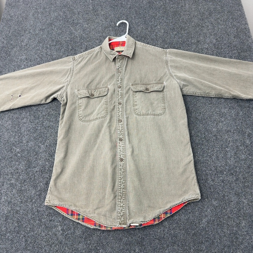 L.L. Bean Men's Olive Green Button-Up Shirt Jacket with Red Plaid Lining
